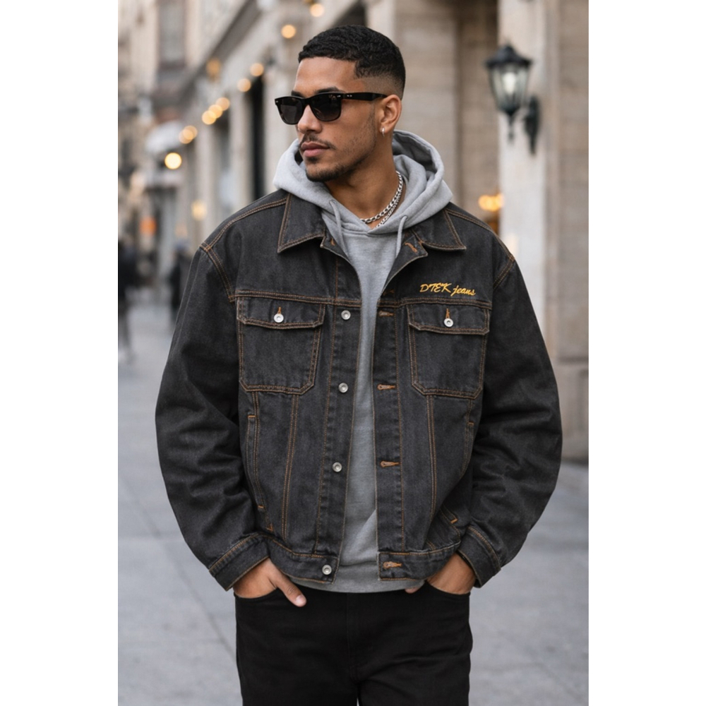 D+EK DTEK Denim Jacket Black Contrast Stitching 2XL Streetwear